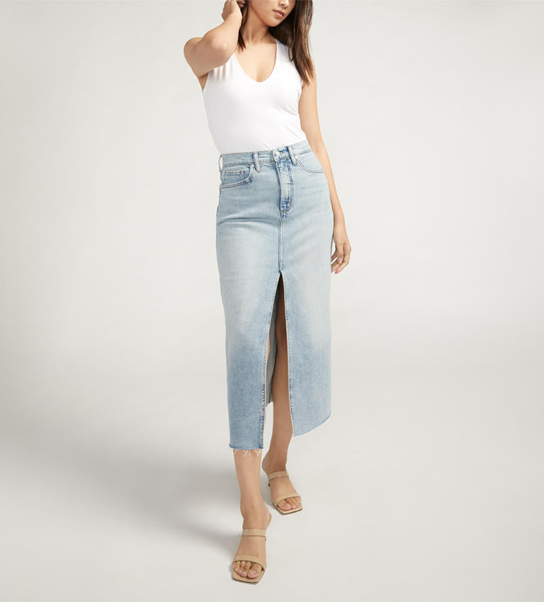 Silver Jeans High Rise Denim Midi Skirt in Indigo
