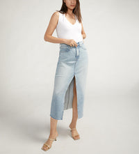 Silver Jeans High Rise Denim Midi Skirt in Indigo