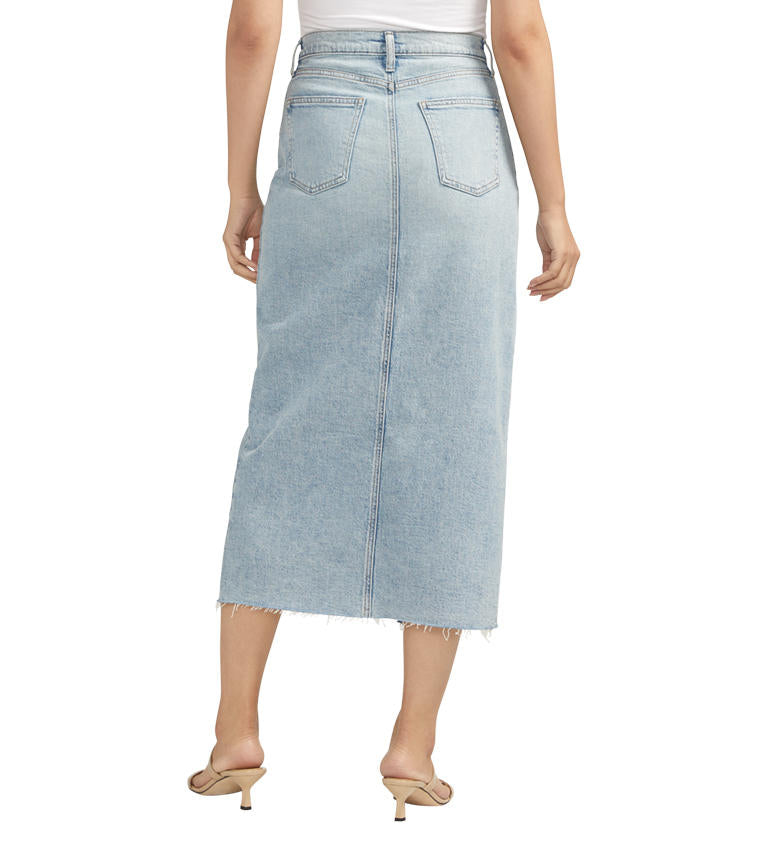 Silver Jeans High Rise Denim Midi Skirt in Indigo