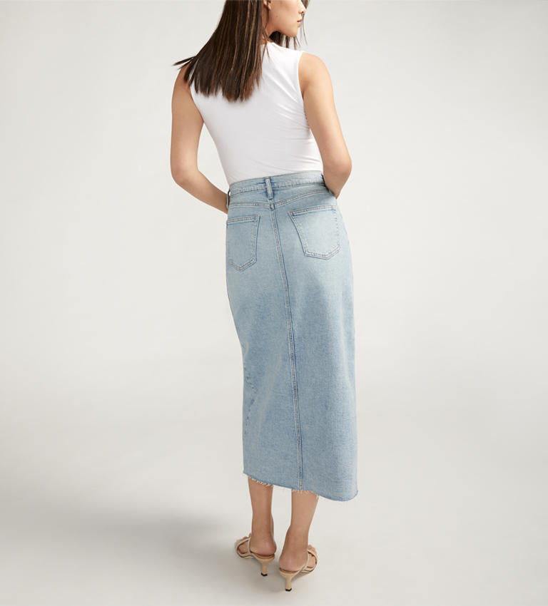 Silver Jeans High Rise Denim Midi Skirt in Indigo
