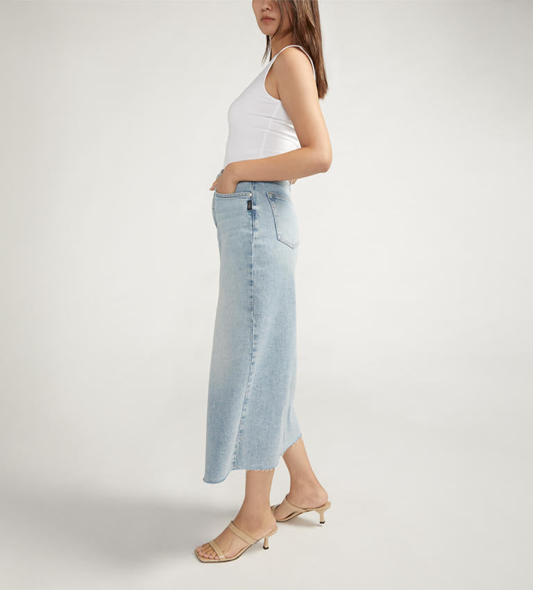 Silver Jeans High Rise Denim Midi Skirt in Indigo