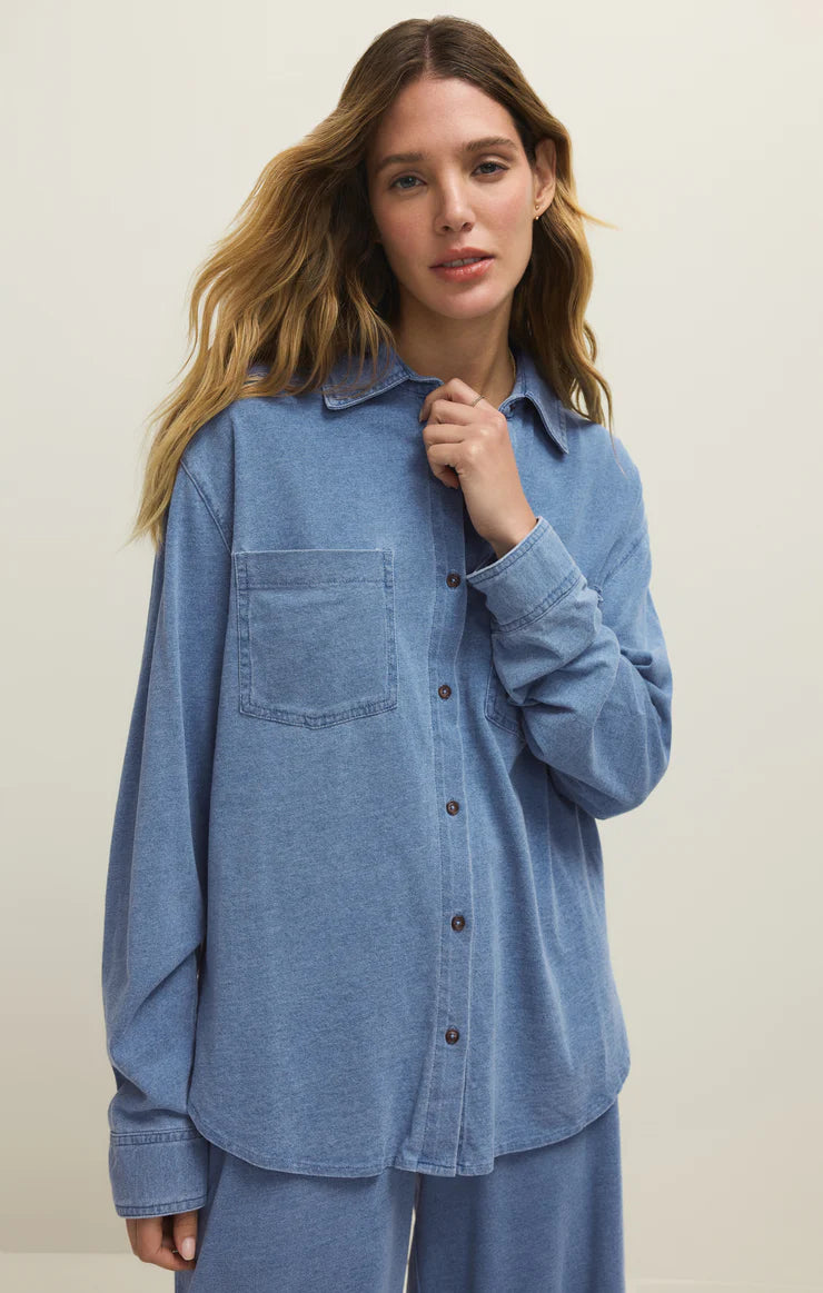 Z Supply Reese Button Down Jersey Denim Top